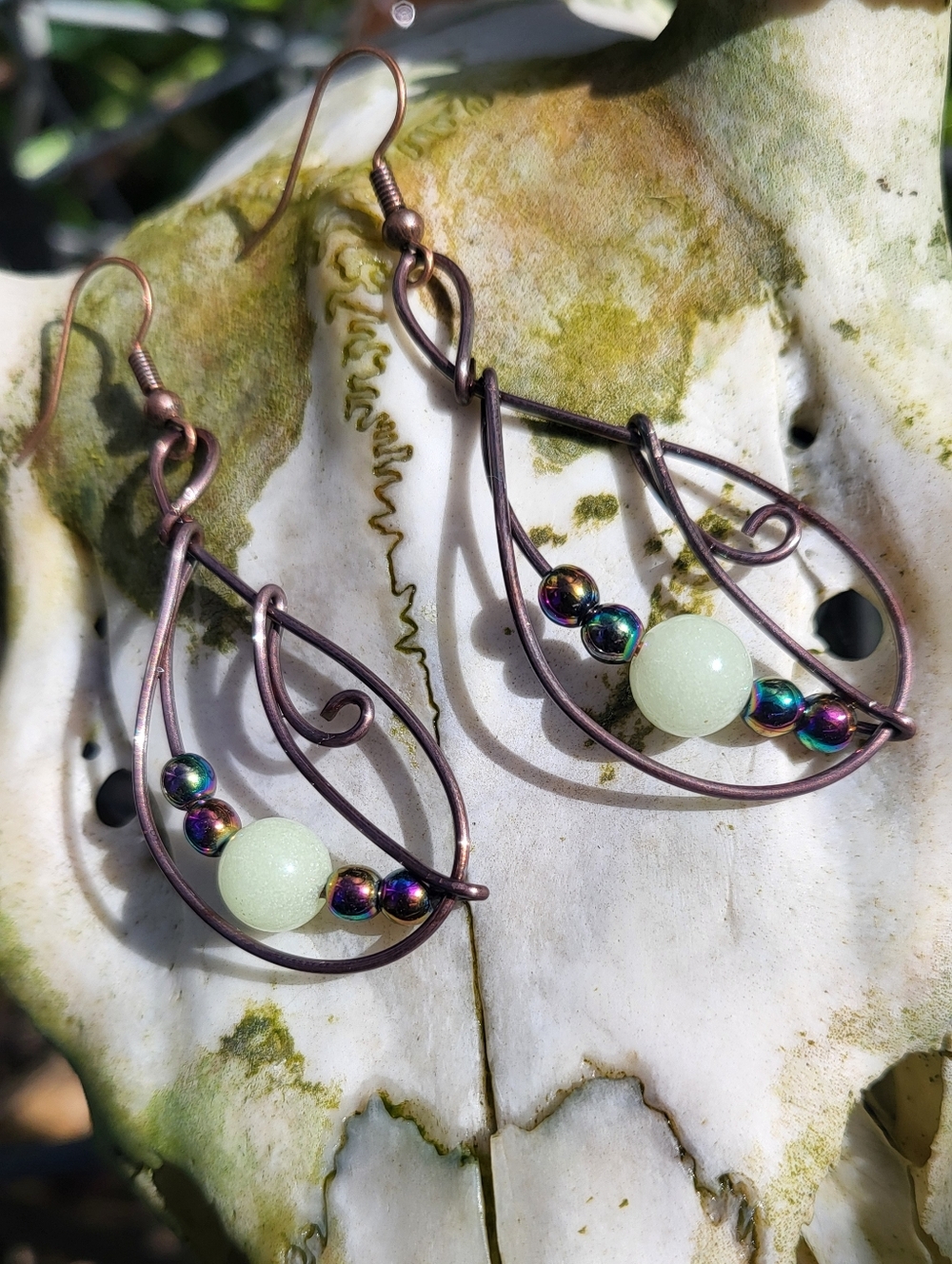 Green Glow Stone & Titanium Aura Hematite Handmade Copper Earrings